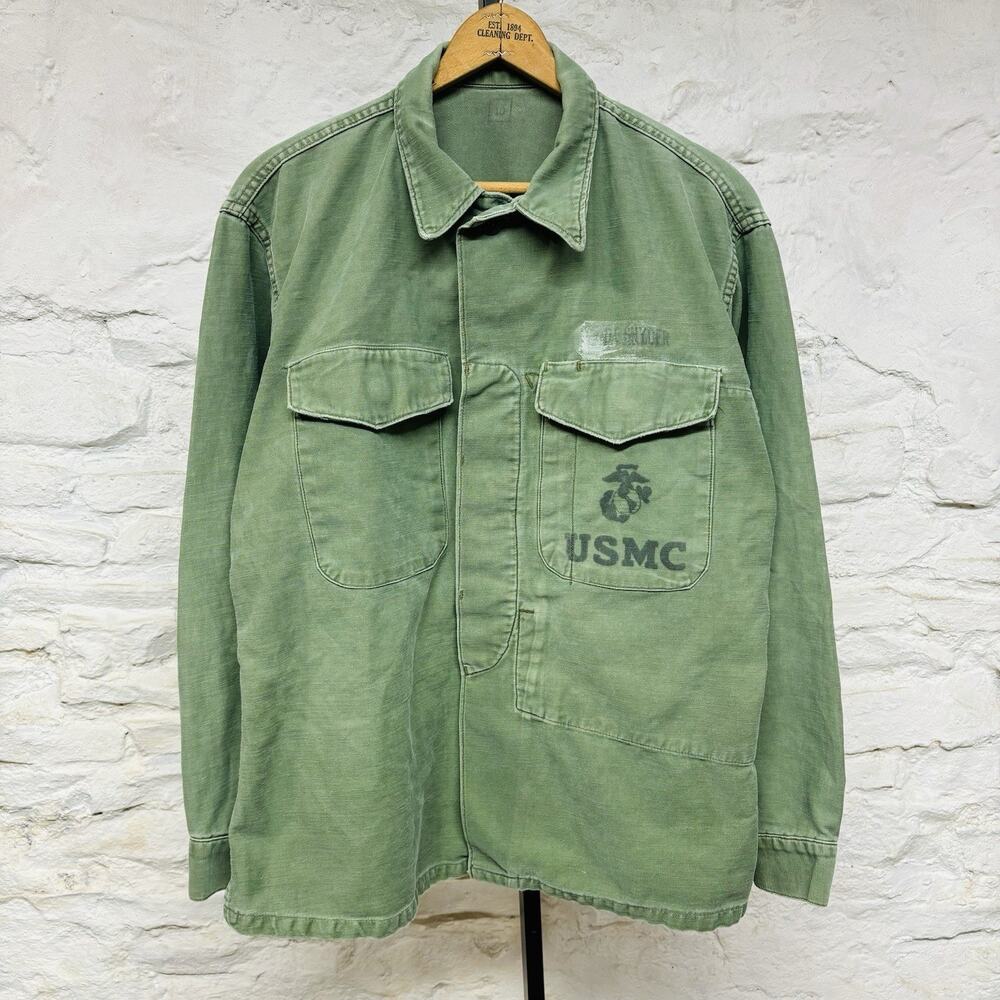 Vintage 60s USMC P56 OG-107 Utility Button Up Shirt Mens Large Military Stencil
